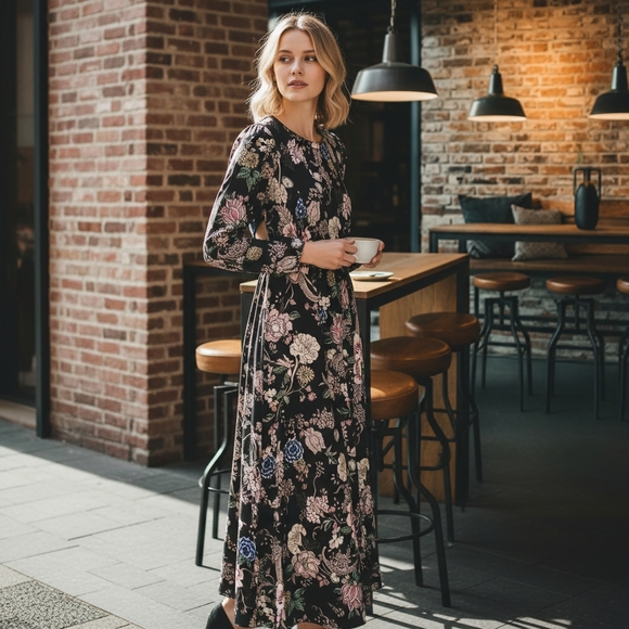 AFRM Nordstrom Black Satin Floral Backless Midi Dress Size Large EUC - Picture 2 of 12